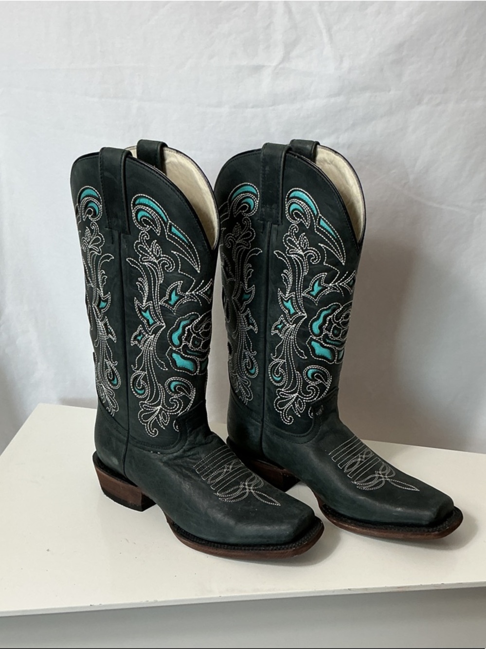 Arango Black Cowboy Boots with Teal Embroidery